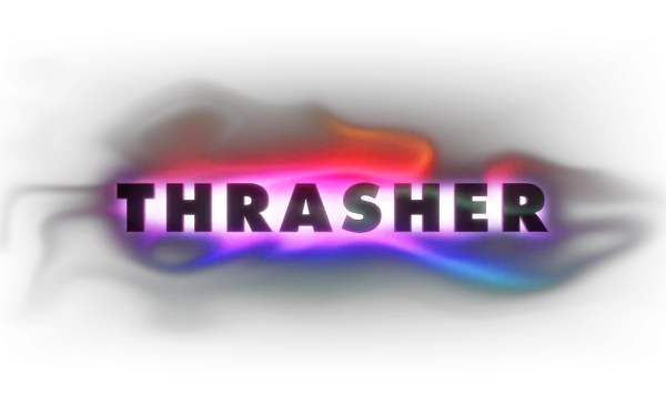 HD desktop wallpaper featuring the vibrant logo of the video game Thrasher (2024) set against a dark background with colorful, swirling light effects.