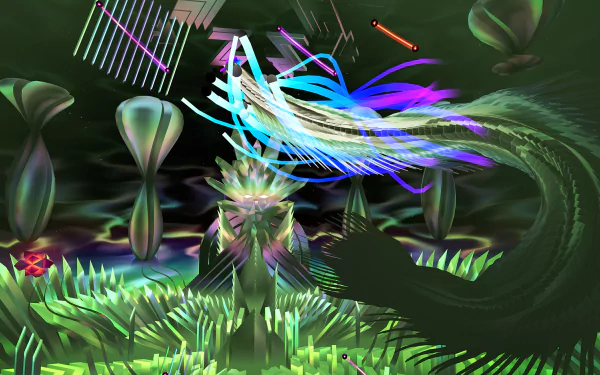 A vibrant HD wallpaper from the video game Thrasher (2024) featuring abstract shapes and colorful light streaks in a surreal, otherworldly environment.