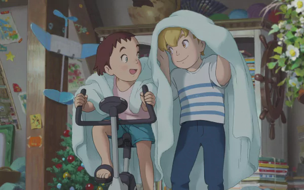 Anime-inspired scene from The Imaginary (2023) featuring two joyful children under a blanket in a cozy, colorful room, creating a whimsical atmosphere for a HD desktop wallpaper.