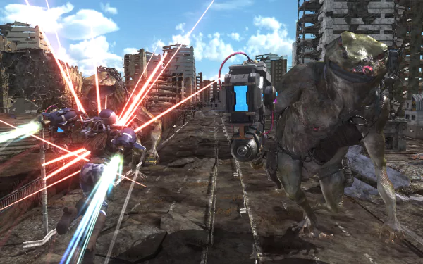 A dynamic HD wallpaper from Earth Defense Force 6, showcasing a battle scene with a futuristic warrior firing lasers at a giant creature in a post-apocalyptic city.