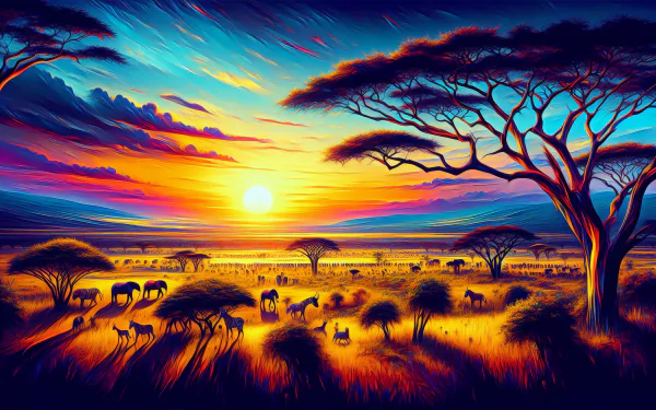A stunning savannah landscape depicted as a high-definition desktop wallpaper, showcasing the beauty of open grasslands under a vibrant sky.