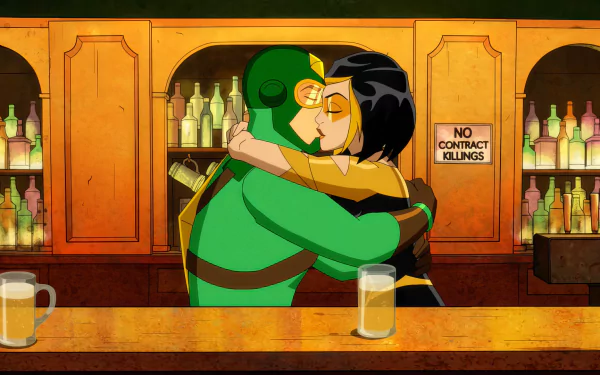A vibrant HD wallpaper from the TV show Kite Man: Hell Yeah! featuring the characters sharing a warm embrace at a bar, with colorful bottles in the background.