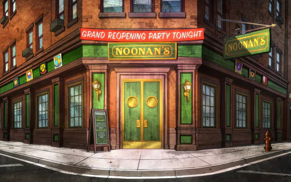 A vibrant HD wallpaper featuring Noonan's bar from the TV show Kite Man: Hell Yeah!, showcasing its grand reopening party with eye-catching green and red decor.