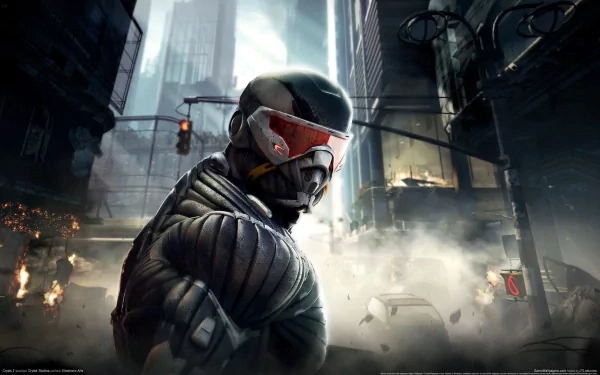 HD PC desktop wallpaper featuring a futuristic soldier from the video game Crysis 2 in a smoky, urban battlefield setting.