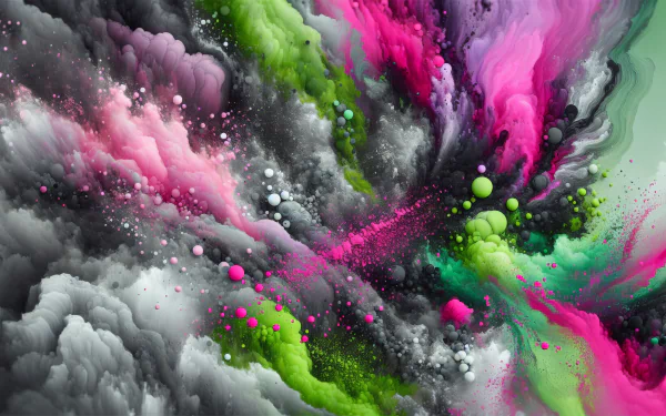 A vibrant HD desktop wallpaper featuring swirling clouds of pink, green, and black, creating a dynamic abstract composition with splashes of color and texture.