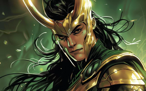 Loki from Marvel Comics gazes intensely, adorned in his iconic golden horns and armored attire, set against a striking green backdrop in this HD desktop wallpaper.