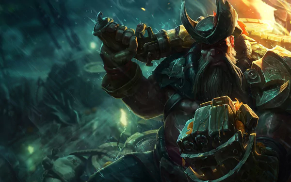 HD desktop wallpaper featuring Gangplank from League of Legends, showcasing his fierce presence and pirate aesthetics amidst a dramatic, shadowy background.
