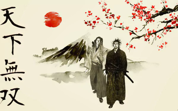 HD desktop wallpaper featuring Miyamoto Musashi from the anime and manga series Vagabond, showcasing a dynamic and artistic representation of the legendary swordsman.