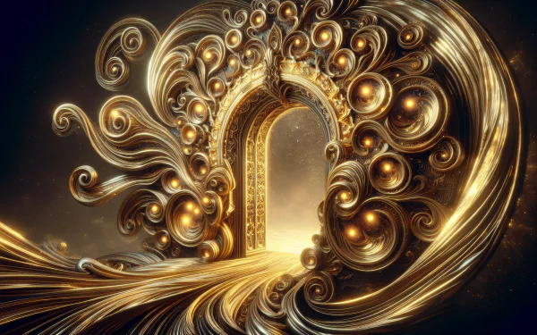 A stunning fantasy portal adorned with swirling patterns and glowing orbs, set against a deep backdrop, creating an enchanting HD desktop wallpaper.
