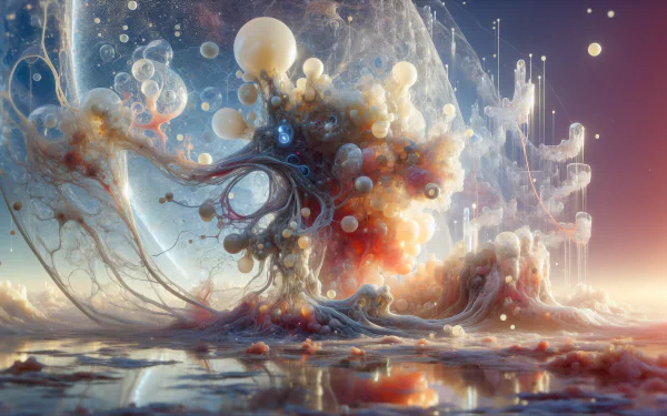A vibrant, surreal landscape featuring ethereal forms, bubbles, and colorful swirls against a cosmic backdrop, making a striking HD desktop wallpaper.