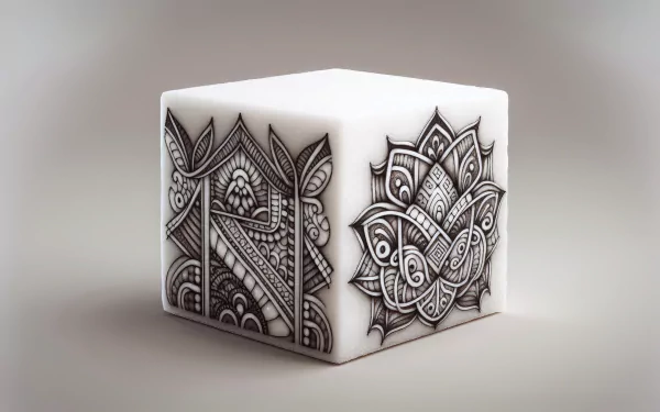 A beautifully designed sugar cube featuring intricate black patterns and floral motifs, set against a neutral background, makes for an eye-catching HD desktop wallpaper.
