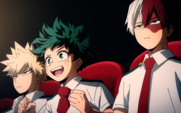Anime wallpaper featuring characters from My Hero Academia: You're Next. Izuku Midoriya smiles excitedly, flanked by Katsuki Bakugou and Shoto Todoroki, in a cinematic setting.