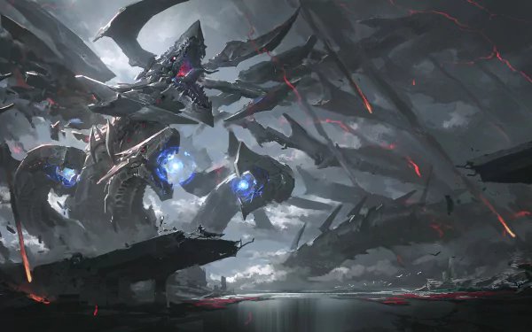 4K Ultra HD Yu-Gi-Oh! desktop wallpaper depicting a dark, ominous mechanical dragon-like creature with glowing blue and red accents in a stormy, volcanic landscape.