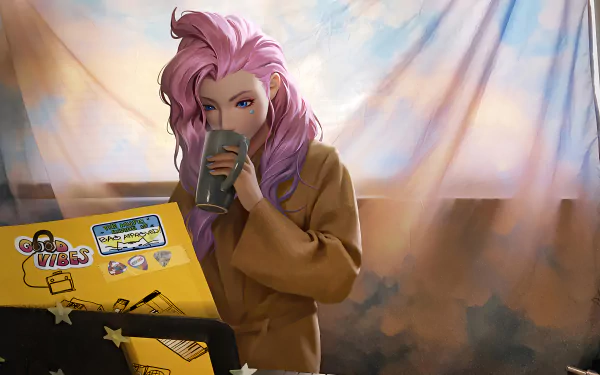 A character from League of Legends, Seraphine, enjoys a drink while sitting at a laptop adorned with vibrant stickers, set against a soft, colorful background. HD desktop wallpaper.