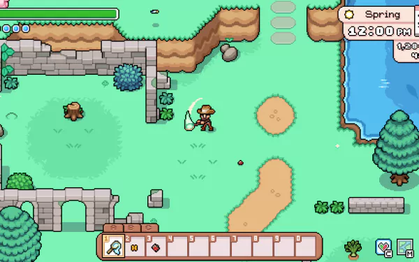 HD desktop wallpaper featuring a stunning landscape from the video game Fields of Mistria, showcasing vibrant colors and captivating scenery.