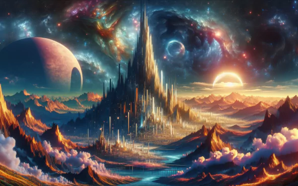 A stunning HD desktop wallpaper depicting a mystical peak surrounded by colorful galaxies, distant planets, and a radiant sunrise over mountainous terrain.