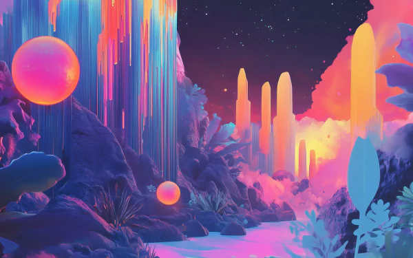 A vibrant sci-fi plantscape illustration, serving as an artistic HD desktop wallpaper and background that immerses viewers in a futuristic botanical world.