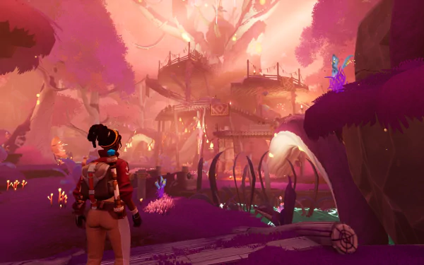 A vibrant HD desktop wallpaper from the video game Creatures of Ava, showcasing a character exploring an enchanting forest with a mystical treehouse and colorful flora.