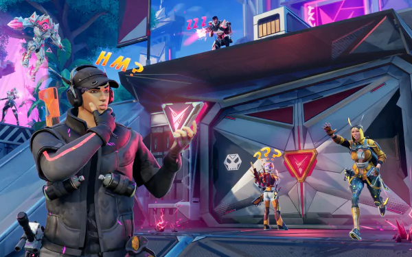 Vibrant HD desktop wallpaper from the video game Hawked, featuring a character contemplating while others engage in various actions against a colorful, dynamic background.