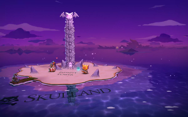 A vibrant HD wallpaper from Cat Quest III, featuring a mystical island called Skullland with a towering stone structure and colorful characters against a rich purple sky.