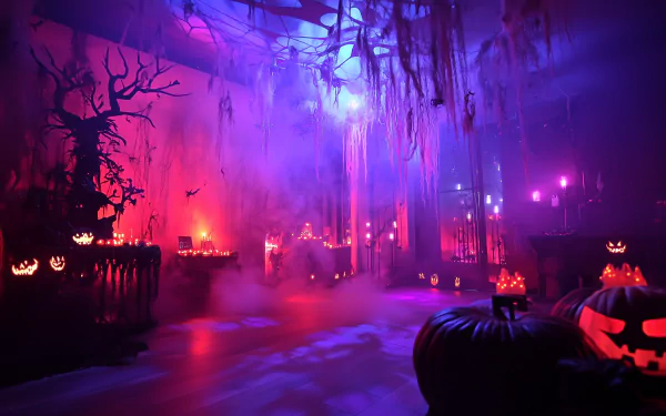 A vibrant and eerie Halloween party scene featuring glowing jack-o'-lanterns, fog, and multicolored lighting, creating a spooky atmosphere for festive celebrations.