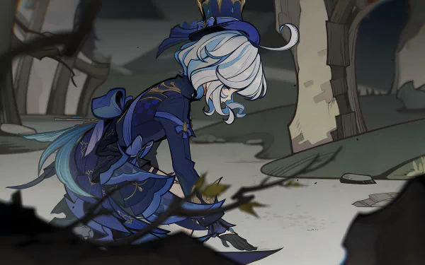 A stunning HD desktop wallpaper featuring Furina from Genshin Impact, depicted in a serene, reflective moment amidst a softly-lit, mystical landscape.