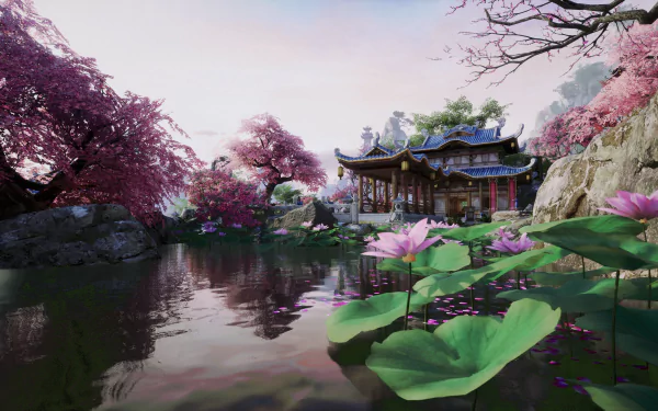 An HD desktop wallpaper featuring a mystical temple scene from the video game Sword and Fairy 7, blending enchanting visuals with rich fantasy elements.