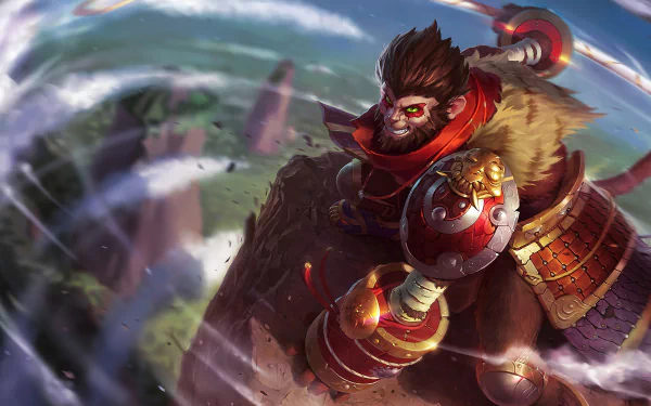 A dynamic HD desktop wallpaper featuring Wukong from League of Legends, showcasing his powerful stance amidst swirling winds and a vibrant landscape.