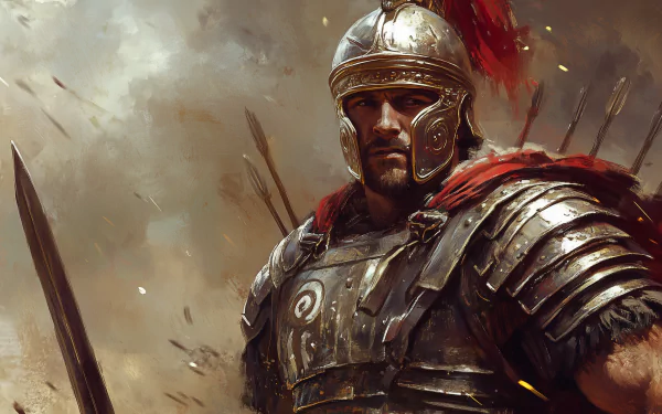 A striking HD desktop wallpaper featuring a Roman gladiator, capturing the strength and valor of ancient warriors amidst a dramatic background.