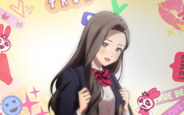 Anime-style HD PC desktop wallpaper featuring Jugyeong Lim from True Beauty, surrounded by colorful, playful graphic elements and light pastel backgrounds.