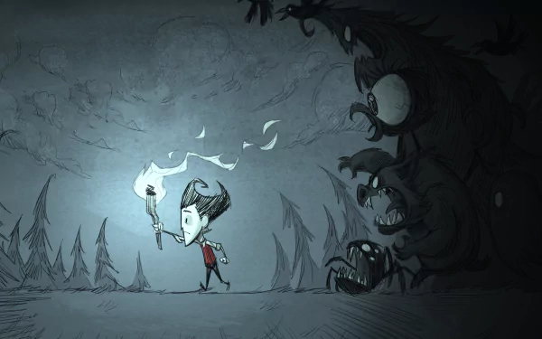 A character from the video game Don't Starve walks cautiously with a torch, surrounded by looming dark creatures in this HD desktop wallpaper. Atmospheric and dramatic.
