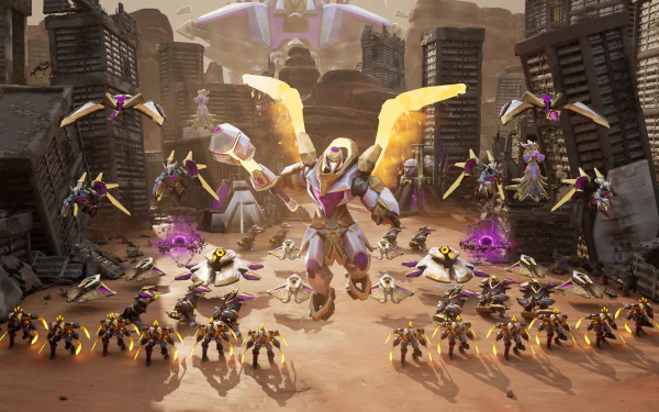 A striking HD desktop wallpaper from the video game Stormgate, featuring a dynamic scene with a powerful character surrounded by robotic allies and a dramatic landscape.