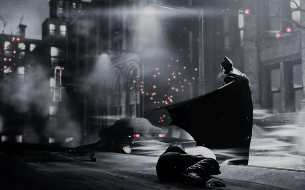 Batman stands vigilantly in a dark, foggy cityscape at night, captured in a dramatic 4K Ultra HD PC desktop wallpaper and background.