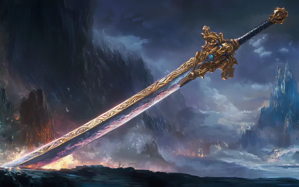 A legendary sword rests majestically among misty mountains, its ornate golden hilt and shimmering blade evoking a sense of fantasy. This stunning HD wallpaper enriches any background.