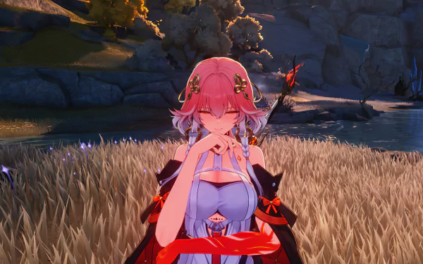 HD desktop wallpaper featuring Changli from the video game Wuthering Waves, set in a serene landscape with soft lighting and vibrant colors.