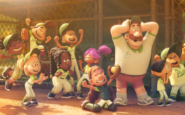 A vibrant HD wallpaper featuring characters from Pixar's Win or Lose, showcasing an animated team celebrating joyfully on a baseball field, radiating excitement and camaraderie.