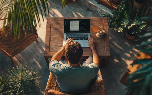 A digital nomad programmer works on a laptop at a wooden table surrounded by lush plants, capturing a serene and focused workspace in a tropical setting.