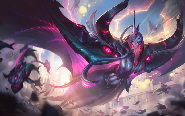 A vibrant HD wallpaper featuring Bel'Veth from League of Legends, showcasing her powerful presence amid swirling colors and dynamic elements in a fantastical setting.