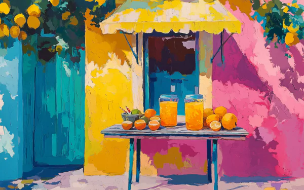 A vibrant lemonade stand sits in front of a colorful, painted wall, adorned with lemons, offering a cheerful and refreshing atmosphere in this HD desktop wallpaper.