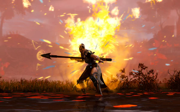 A dynamic scene from the video game Guild Wars 2: Janthir Wilds, showcasing a character wielding a spear amidst a dramatic explosion, set against a vibrant landscape.