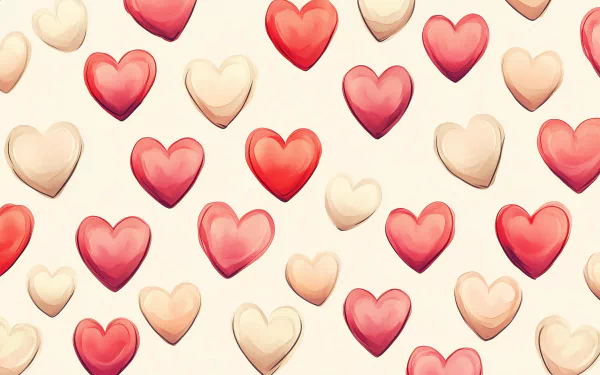 A colorful heart pattern in varying shades of red and pink, set against a soft beige background, creates a charming HD desktop wallpaper.