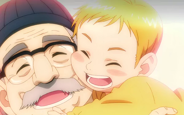 A heartwarming anime scene featuring a joyful child hugging an elderly man, embodying love and connection in a vibrant HD wallpaper from Rising Impact.