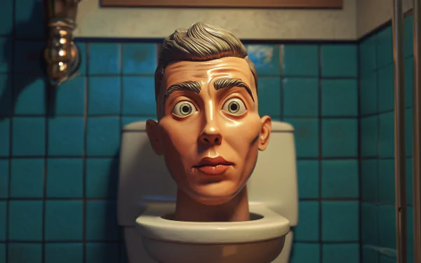 A humorous HD desktop wallpaper featuring a cartoonish head emerging from a toilet, set against a vibrant blue tiled background, embodying the quirky skibidi toilet theme.