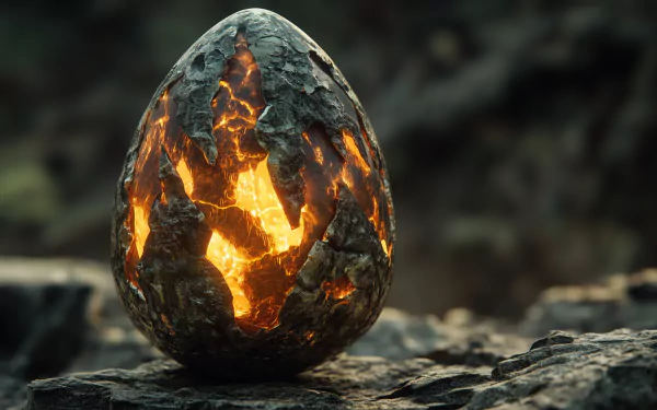 A glowing, cracked dragon egg rests on rocky terrain, radiating fiery light from within, encapsulating a mesmerizing fantasy scene in stunning HD quality.