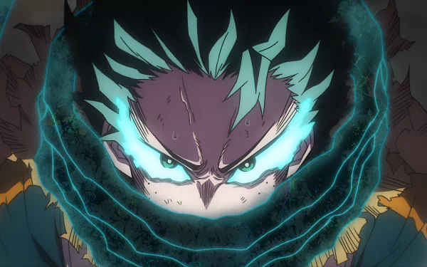 4K Ultra HD desktop wallpaper of Izuku Midoriya from My Hero Academia, showcasing intense focus with glowing eyes and electric energy effects in anime style.
