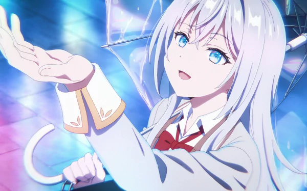 HD anime wallpaper of Alisa Mikhailovna Kujou from Alya Sometimes Hides Her Feelings, featuring her with silver hair and bright blue eyes reaching out in a glowing blue background.