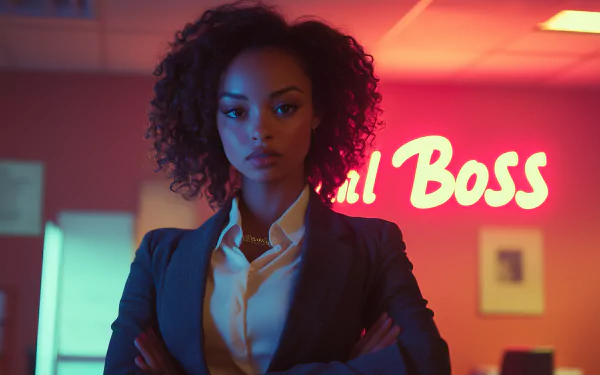 A confident woman stands with arms crossed, exuding leadership against a backdrop featuring the words Girl Boss, creating an empowering HD desktop wallpaper.