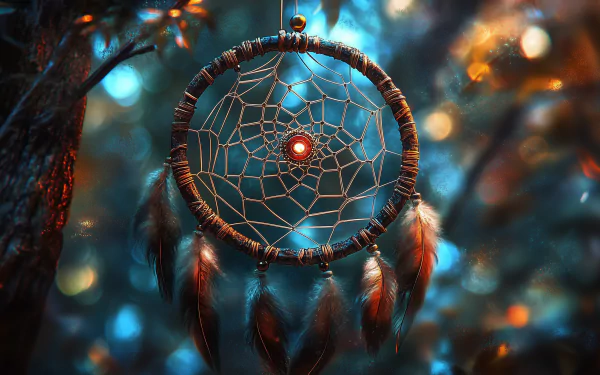 A vibrant dreamcatcher against a soft background, creating a captivating HD desktop wallpaper that enhances any screen with a touch of serenity and cultural charm.