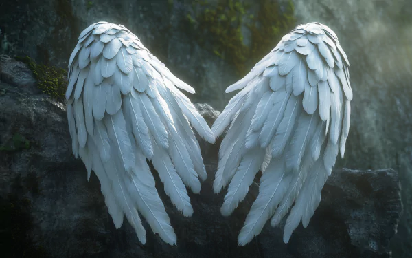 A stunning HD desktop wallpaper featuring a pair of elegant angel wings, intricately detailed and positioned to form a heart shape against a serene backdrop.