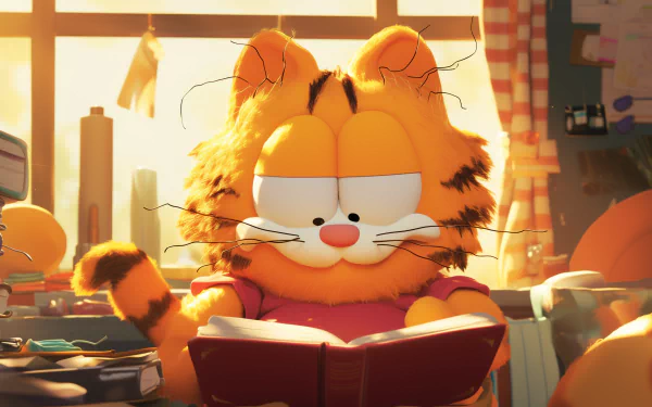 A vibrant HD desktop wallpaper featuring Garfield, the iconic orange cat, relaxing and reading in a sunlit room, capturing his mischievous yet charming personality.